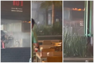 Cozinha de restaurante chique pega fogo em shopping; vídeos